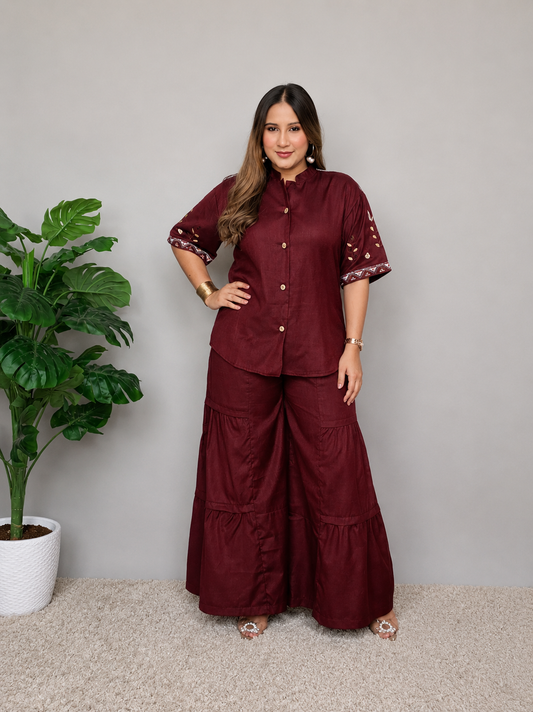 Maroon Cord Set With Embroidery
