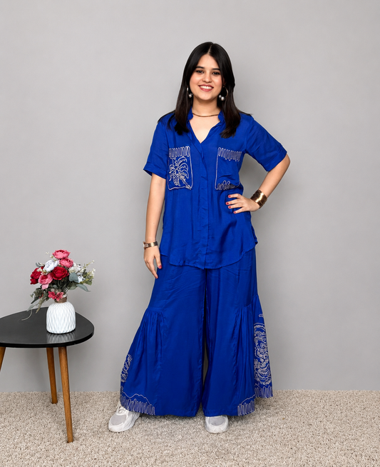 Blue Cord Set With Embroidery