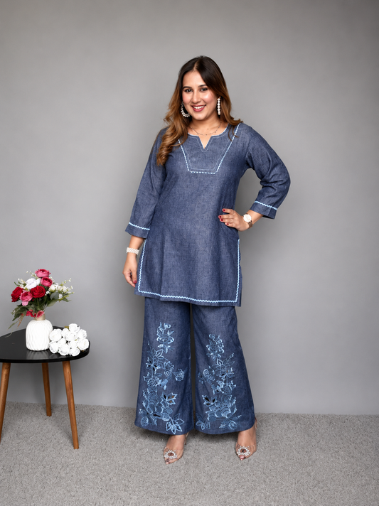 Denim Blue Cord Set with Embroidered Pants