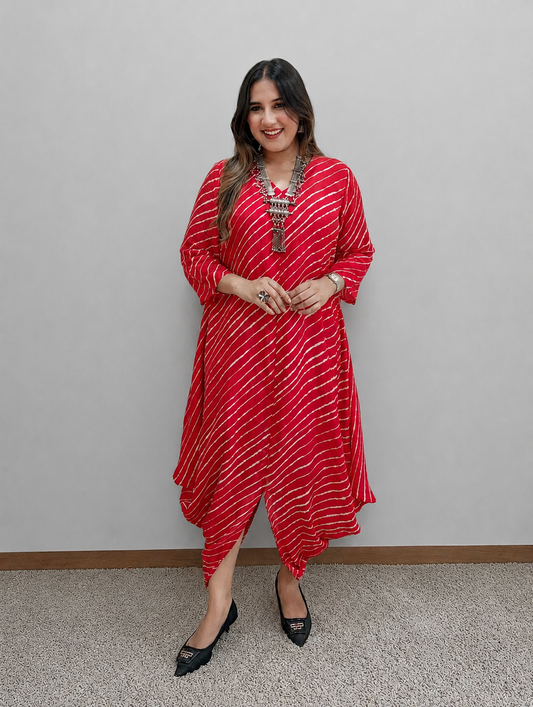Red Leheriya Printed Dress
