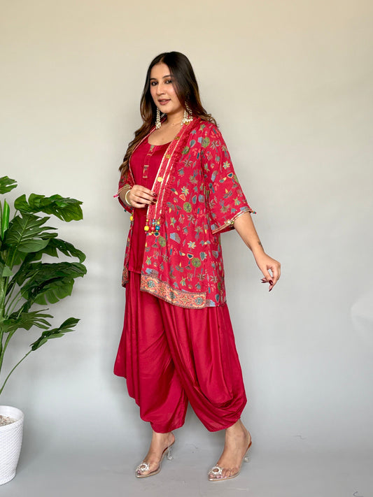 Red Dhoti Set With Coverup