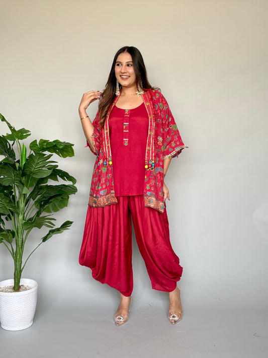 Red Dhoti Set With Coverup