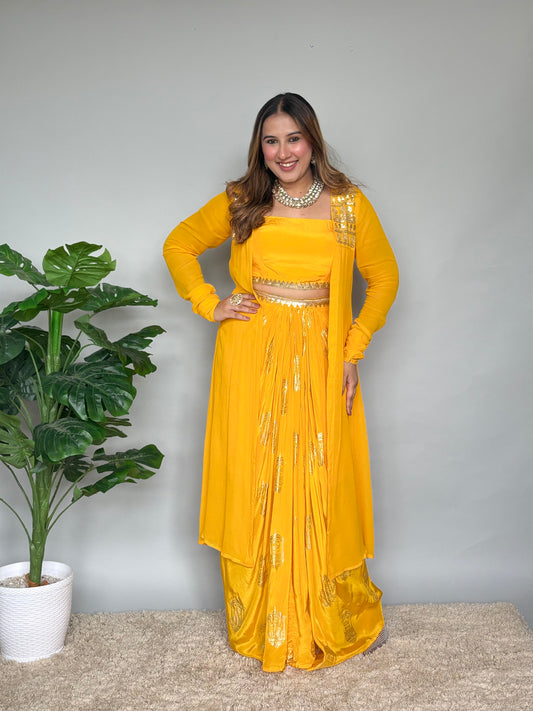 Luxurious Yellow And Gold 3 Piece Skirt Set