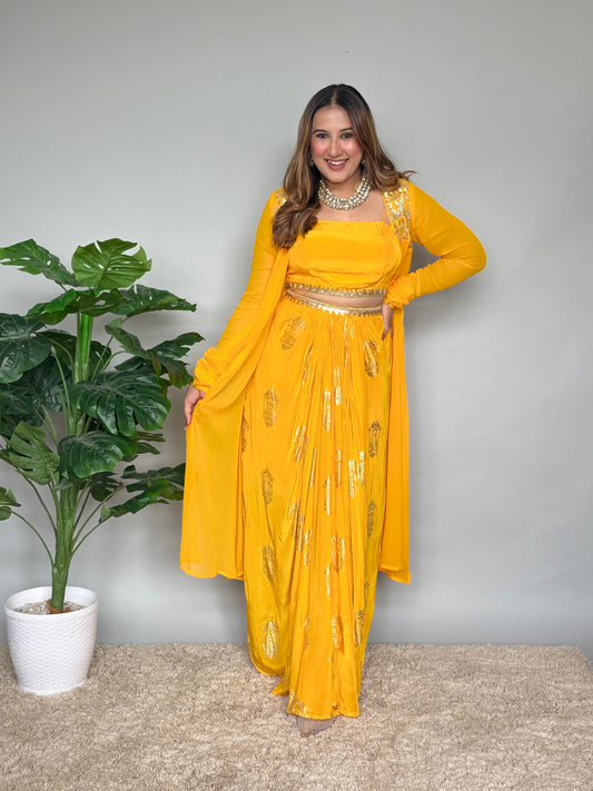 Luxurious Yellow And Gold 3 Piece Skirt Set