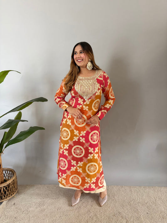 Orange And Pink Cord Set With Golden Work