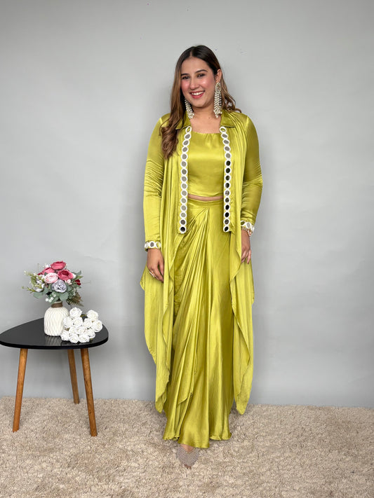 Green Skirt Set With Mirrorwork