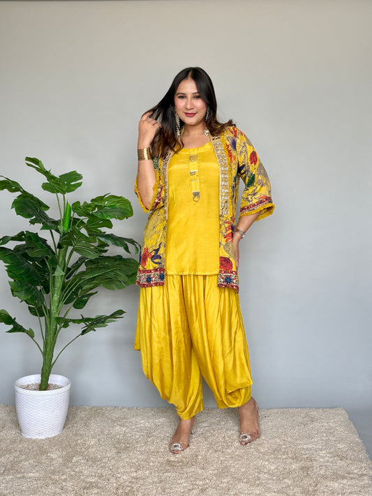 Yellow Dhoti Set with Cover-Up & Mirrorwork