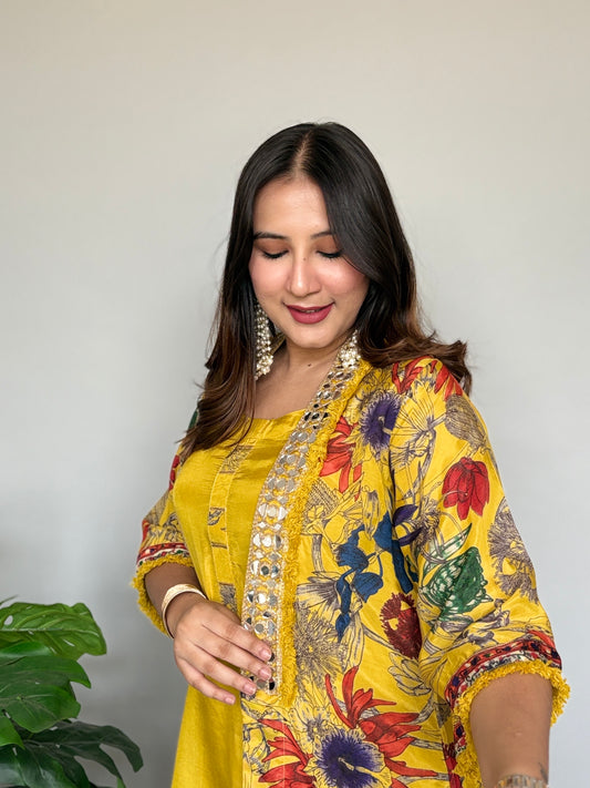 Yellow Dhoti Set with Cover-Up & Mirrorwork