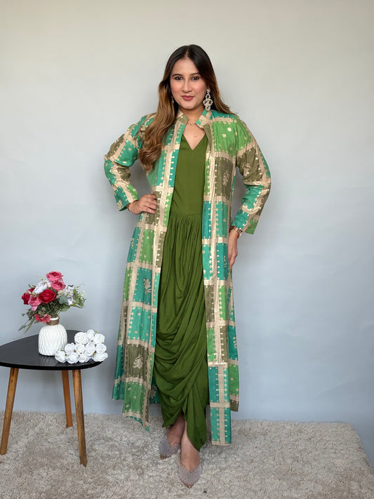 Green Cowl Dress With Jacket