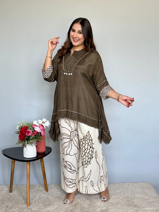 Olive Asymmetrical Top With Printed Pants