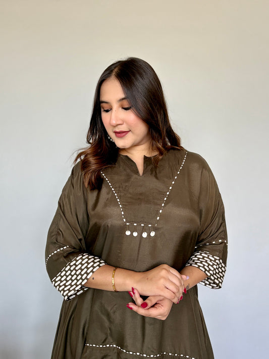 Olive Asymmetrical Top With Printed Pants