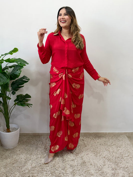 Red Skirt Set with Metallic Print