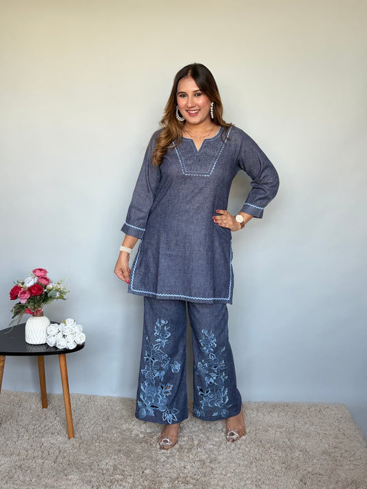 Denim Blue Cord Set with Embroidered Pants