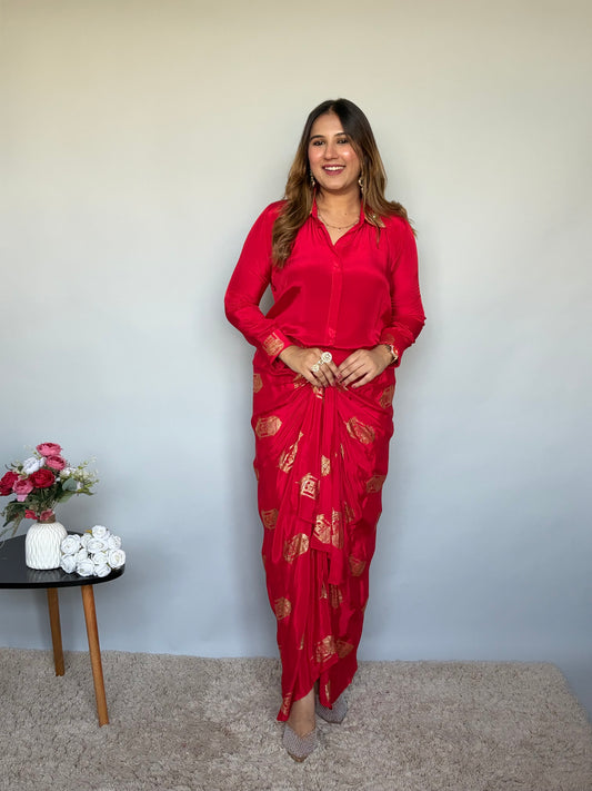 Red Skirt Set with Metallic Print