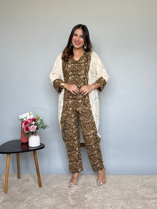 Brown Floral Cord Set With Knit Shrug