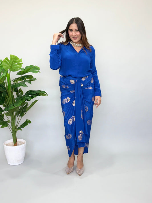 Blue Skirt Set With Metallic Print