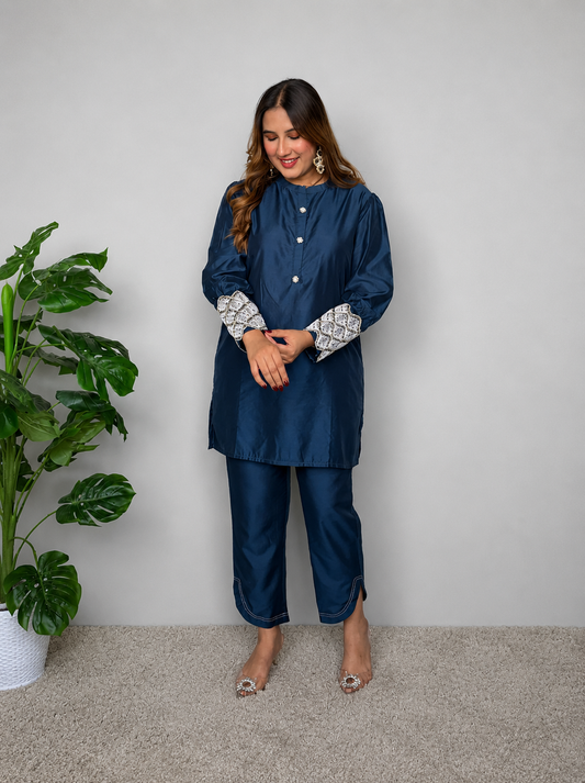Embroidered Blue Cord Set