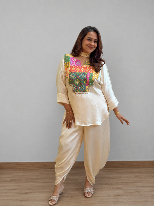 Cream Dhoti Set With Patchwork